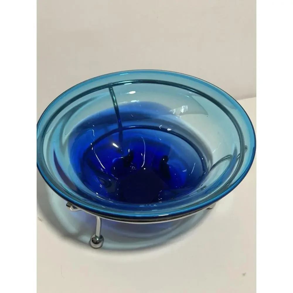 MCM Blue Ombre Hand Blown Glass Console Bowl With Silver Stand 1950s - Picture 7 of 7